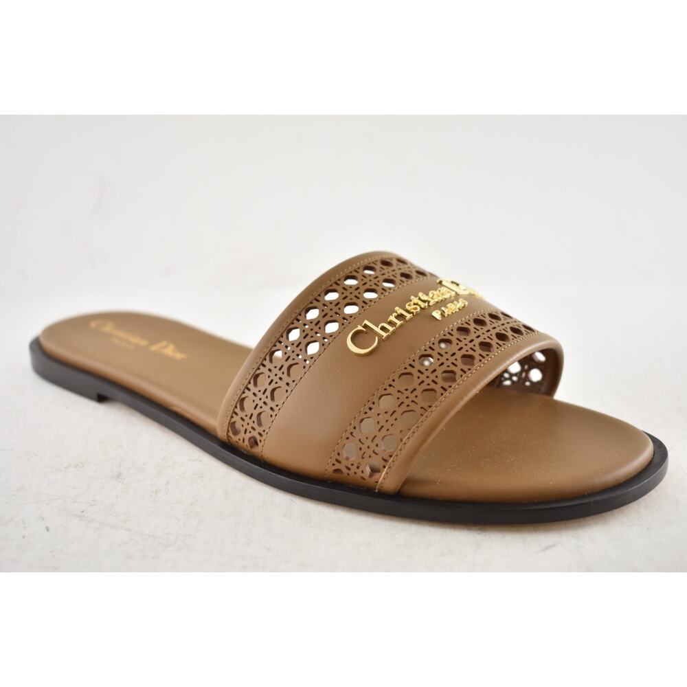 Dior D-Lane Dway Micro Cannage Chestnut Brown Leather Logo Slide Flat Sandal 37 - Picture 7 of 16